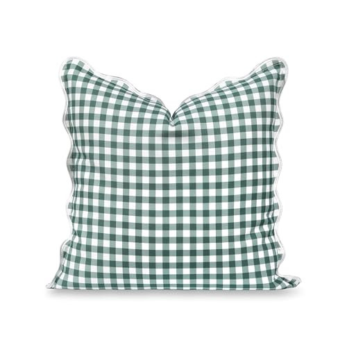 Hofdeco Premium Coastal Grandmillennial Scalloped Patio Indoor Outdoor Throw Pillow Cover Only, 20"x20" Water Repellent for Backyard, Couch, Poolside, Forest Green Print Gingham | Amazon (US)