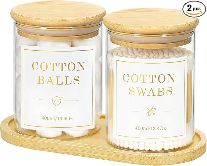 Luxspire Glass Qtip Holder with Vanity Tray, 2 Pack Cotton Swab Holder with Bamboo Lid, 13.4 oz G... | Amazon (US)