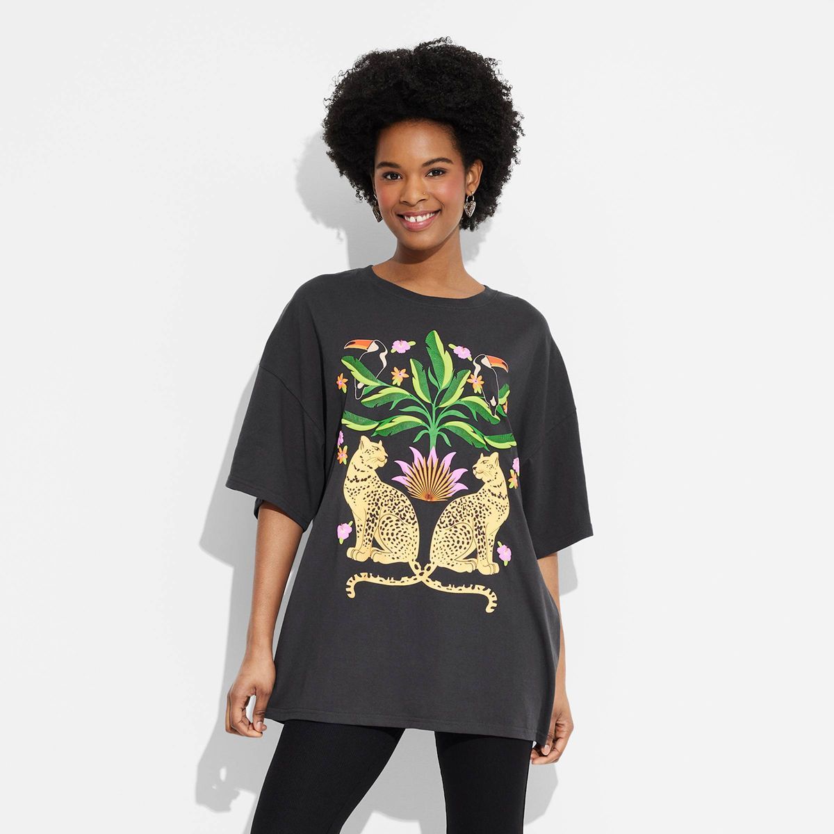 Women's Jungle Scenery Oversized Short Sleeve Graphic T-Shirt - Black M | Target