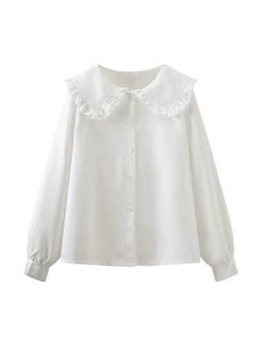 GORGLITTER Women's Peter Pan Collar Shirt Blouse Long Sleeve Ruffle Large Doll Collar Button Down Tops White Large | Amazon (US)