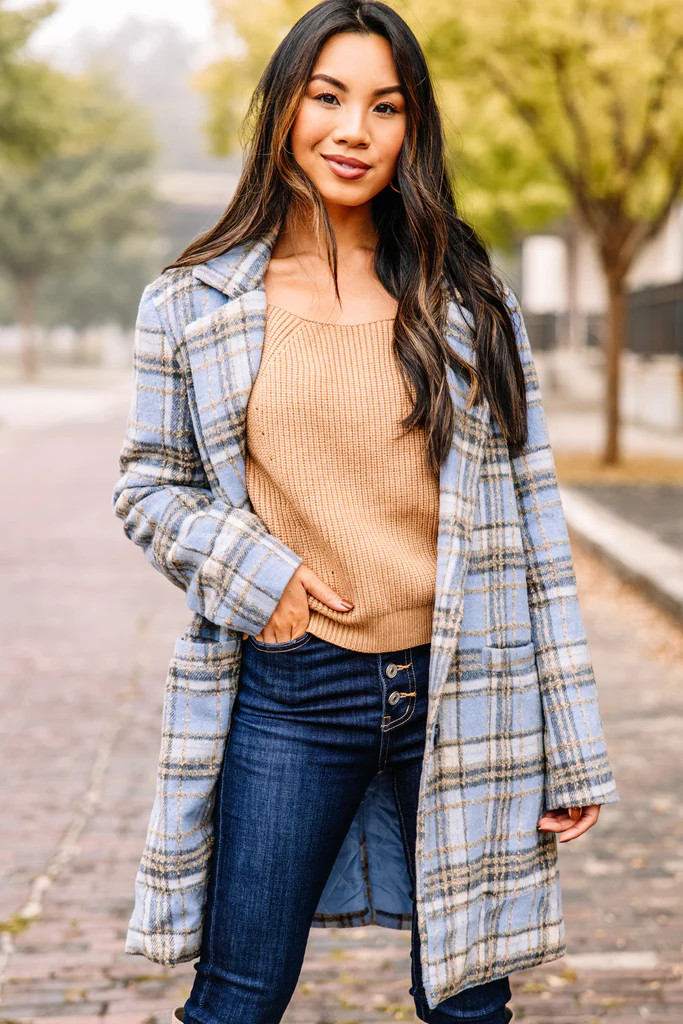 On The List Light Blue Plaid Coat | The Mint Julep Boutique