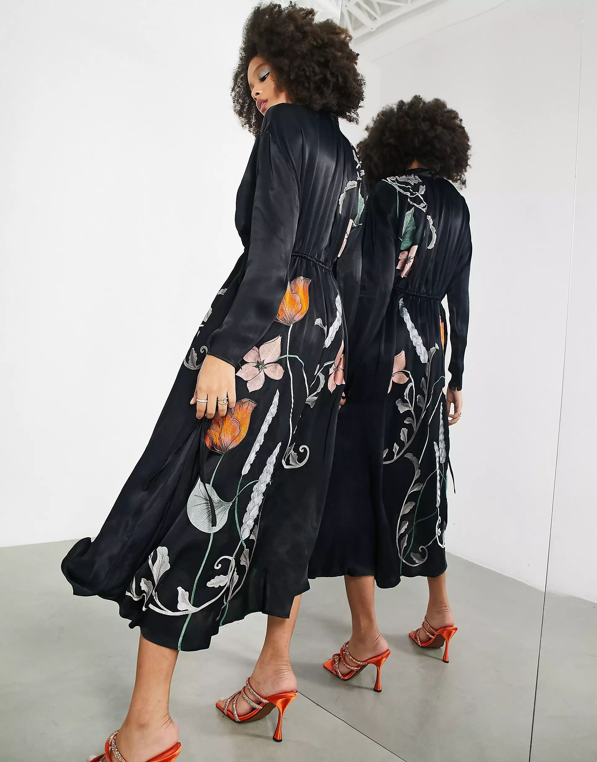 ASOS EDITION floral embroidered satin midi dress with drawstring channel in black | ASOS (Global)