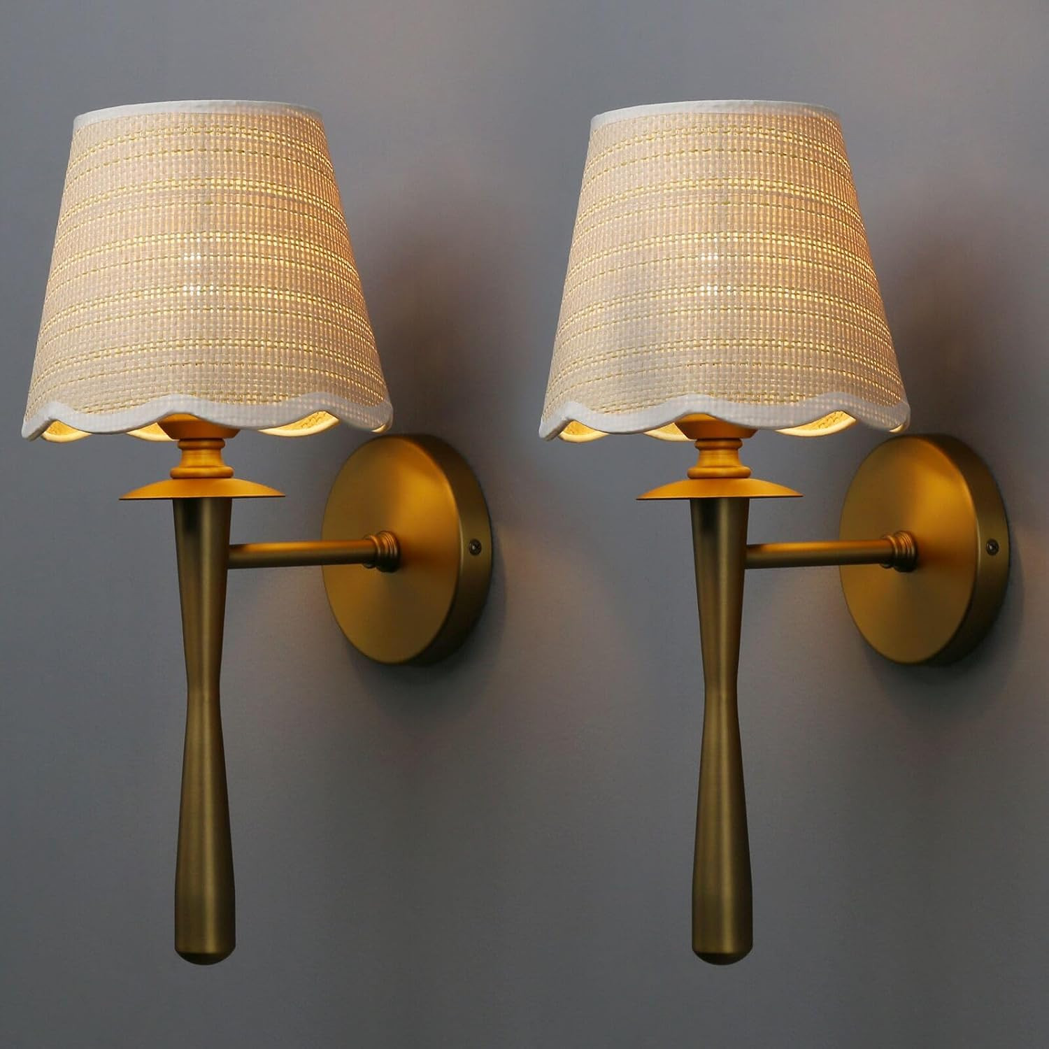 Rattan Hand-Woven Wrapped Yellow Vine Lamp Shade Wall Sconces Set of 2, 100% Natural Materials Farmhouse Vintage Indoor Hardwired Brass Gold Wall Mounted for Bedroom Hallway(Antique) | Amazon (US)