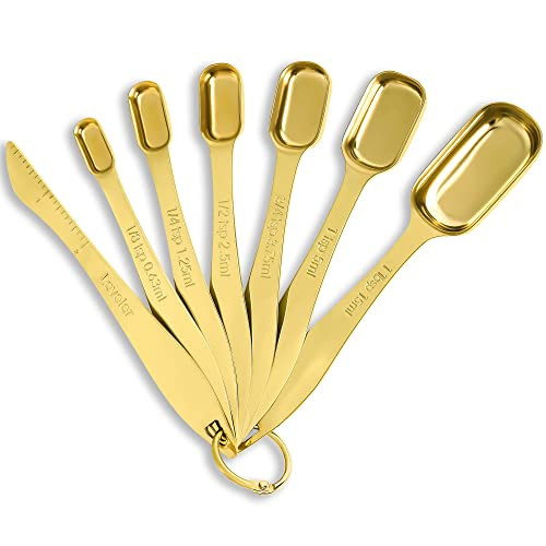 Rainspire Heavy Duty Measuring Spoons Set Stainless Steel, Metal Measuring Cups and Spoons Set for Dry or Liquid, Fits in Spice Jar, Home Gadgets Kitchen Gadgets, Set of 7 Including Leveler, Gold | Amazon (US)