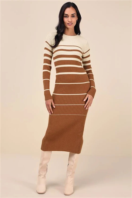 Seasonal Status Ivory and Brown Striped Midi Sweater Dress | Lulus