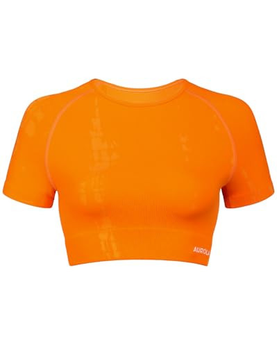 AUROLA Serpent Snake Workout Tops for Women Short Sleeve Crop Tops Seamless Workout Shirts Athletic Gym Yoga Tee Persimmon Orange, L | Amazon (US)