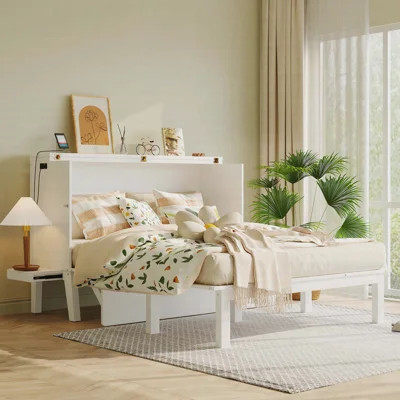 Queen Size Murphy Bed with USB Port and removable Shelves on Each Side, White | Wayfair North America