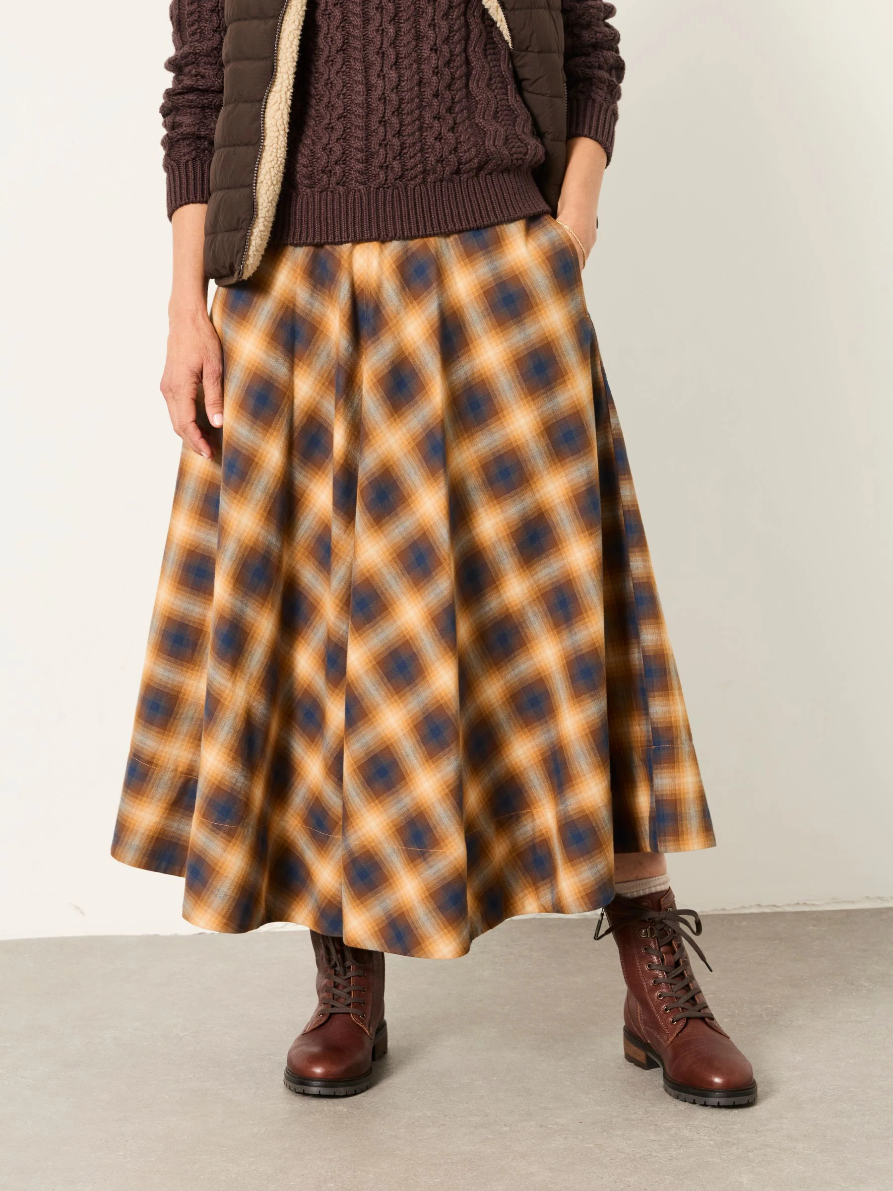 FatFace Freya Tan Brown Check Midi Skirt | Fat Face