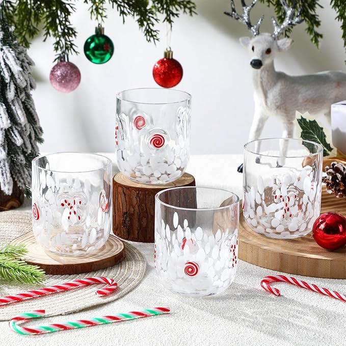4 Pcs Christmas Icon Glass Cups 12 oz Candy Cane Drinking Glassware Wine Stemless Double Old Fash... | Amazon (US)