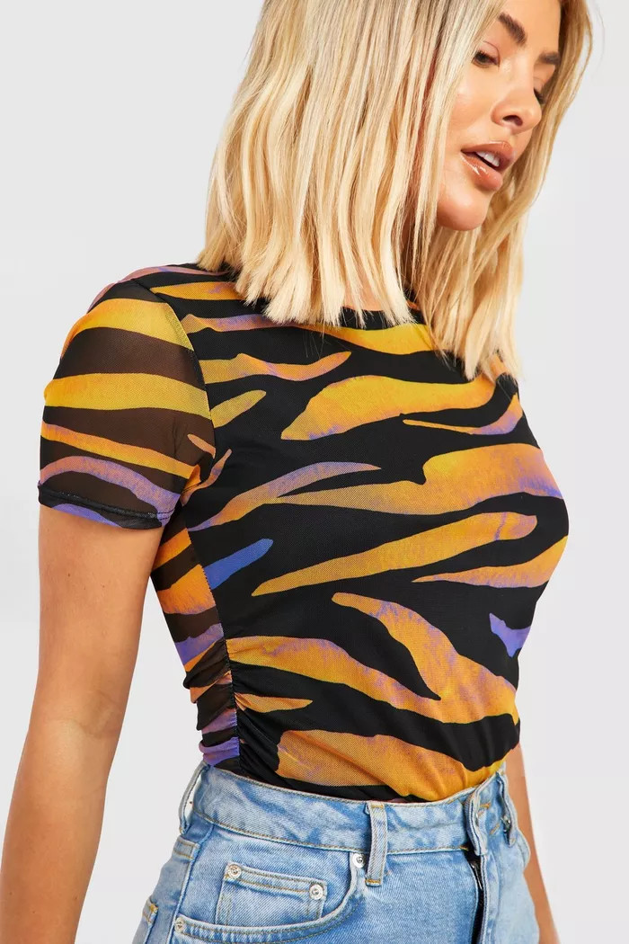 Mesh Zebra Print Ruched Top | boohoo (US & Canada)