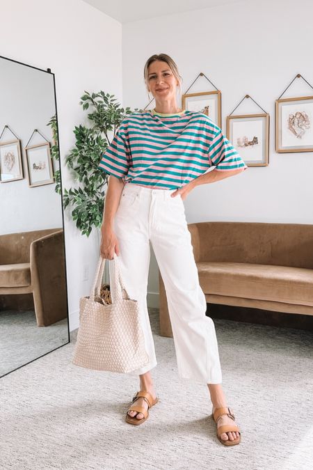 Amazon summer outfit - barrel jeans, large woven purse, sandals and a vibrant, colorful striped tee!

#LTKstyletip #LTKfindsunder50 #LTKSeasonal