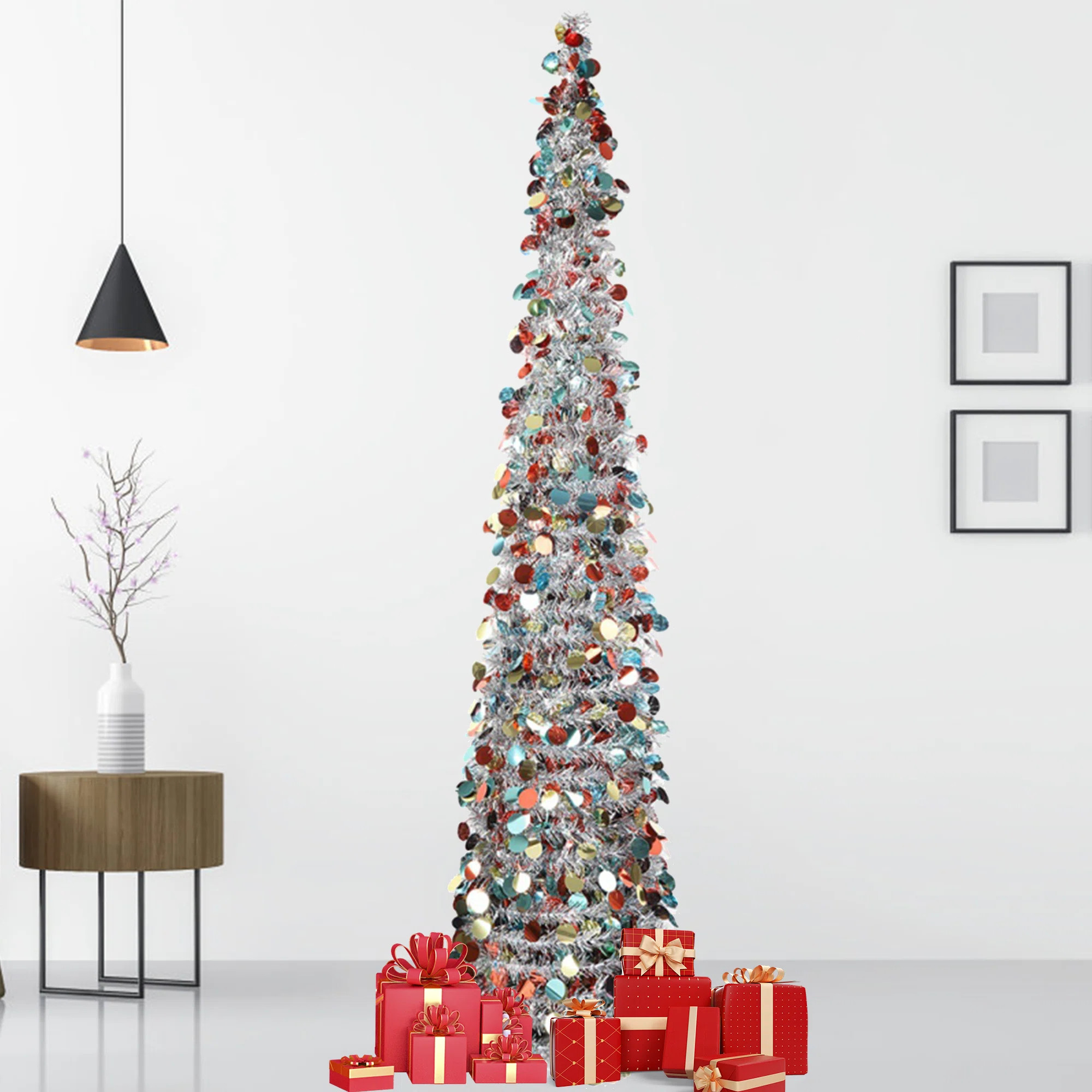 5FT Popup Collapsible Artificial Christmas Tree With Tinsel Sequin And Plastic Tripod Stand SC | Wayfair North America