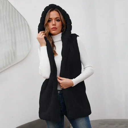 TANGNADE Womens Faux-Fur Short Hooded Vest Sleeveless Waistcoat Body Warmer Jacket Coat Outwear | Walmart (US)