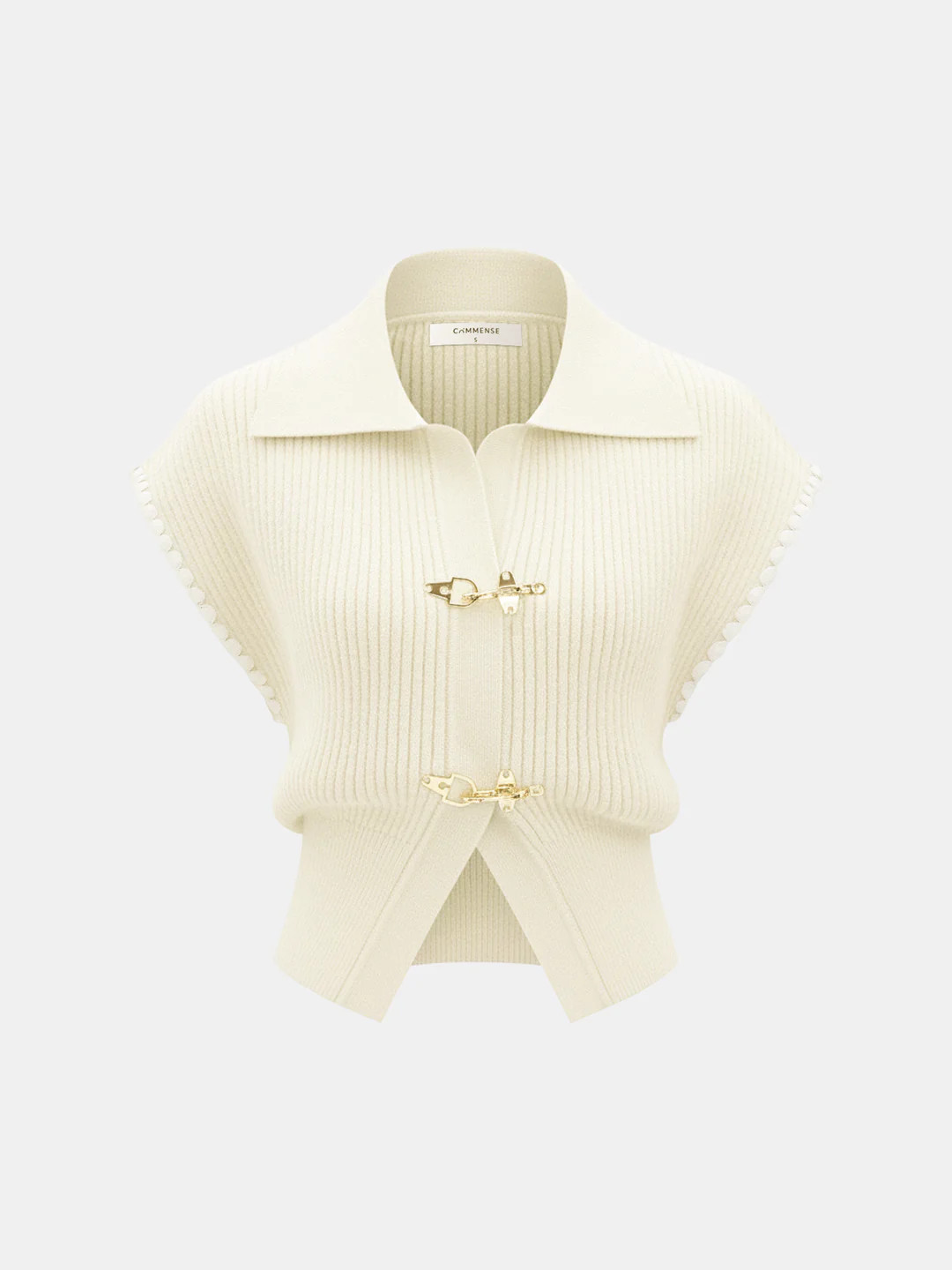 Metal Clasp Contrast Trim Collared Knit Vest | Commense