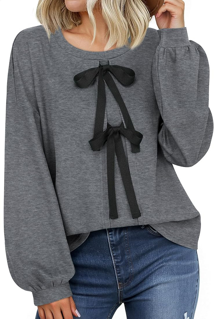 Vivilli Women's Tie Front Knit Tops Long Lantern Sleeve Shirts Crewneck Sweatshirts A-Line Patchw... | Amazon (US)