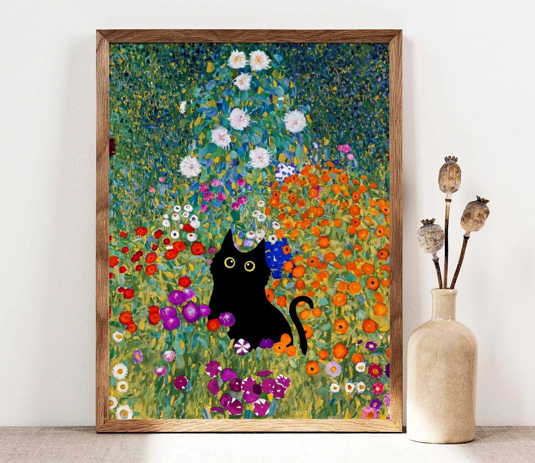 Gustav Klimt Garden Cat Print Klimt Flowers Cat Poster Black - Etsy | Etsy (US)