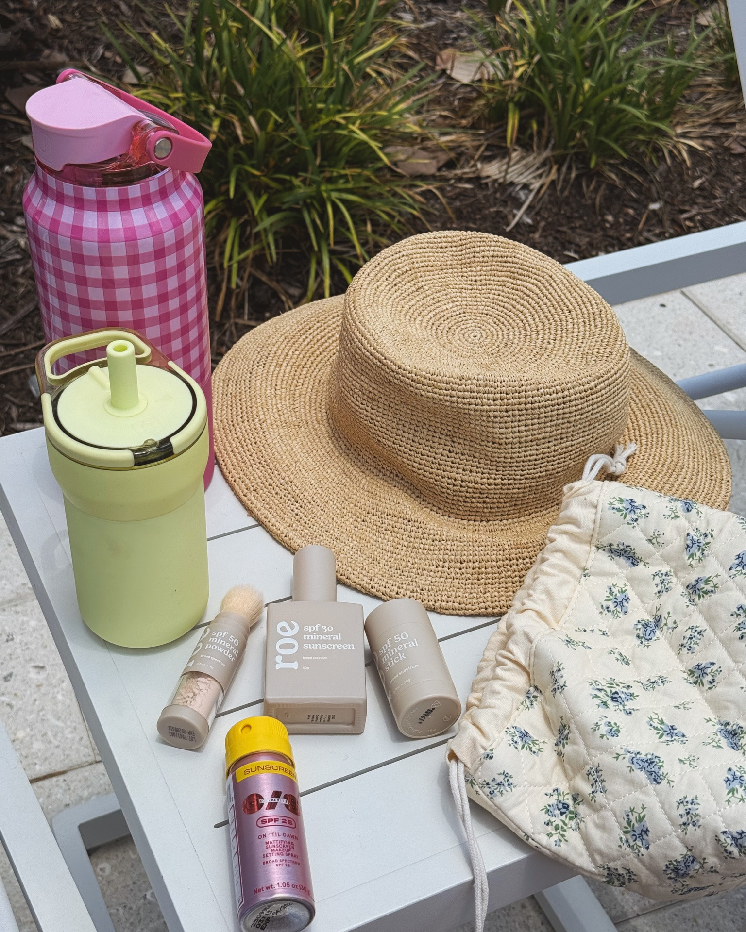 Pool bag essentials
Love this nontoxic spf (roe wellness) for the entire family. 
I also love the spf setting spray to help lock in makeup.
