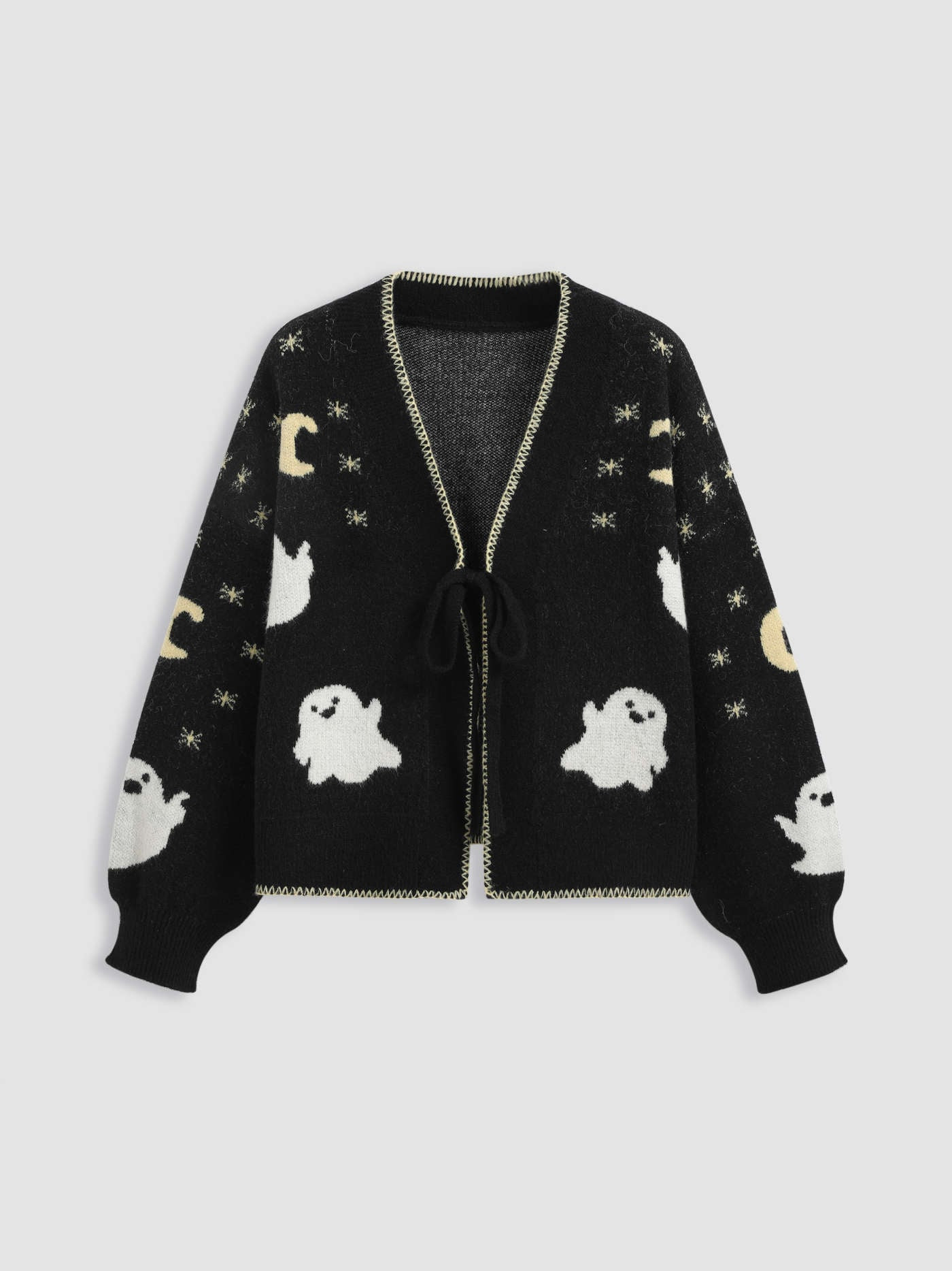 Knit Fabric Knit V-neck Ghost Graphic Knotted Cardigan For Holiday | Cider