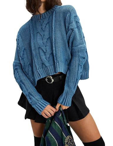 Dsewpaur Cable Knit Cropped Sweater for Women Crew Neck Long Sleeve Chunky Pullover Loose Fall Winter Outfits Blue | Amazon (US)