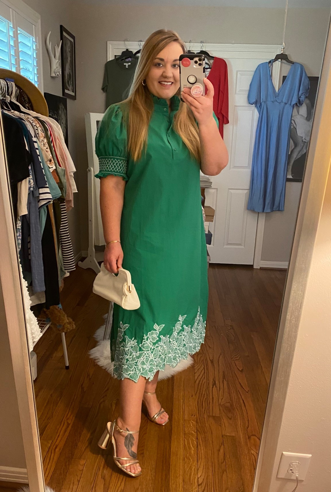 Midi dress, Amazon dress, Green dress, gold heels, Amazon outfit, workwear, work dress, work style, church dress, church style, modest dress, green and white, handbag, white clutch 

#LTKWorkwear #LTKShoeCrush #LTKFindsUnder100