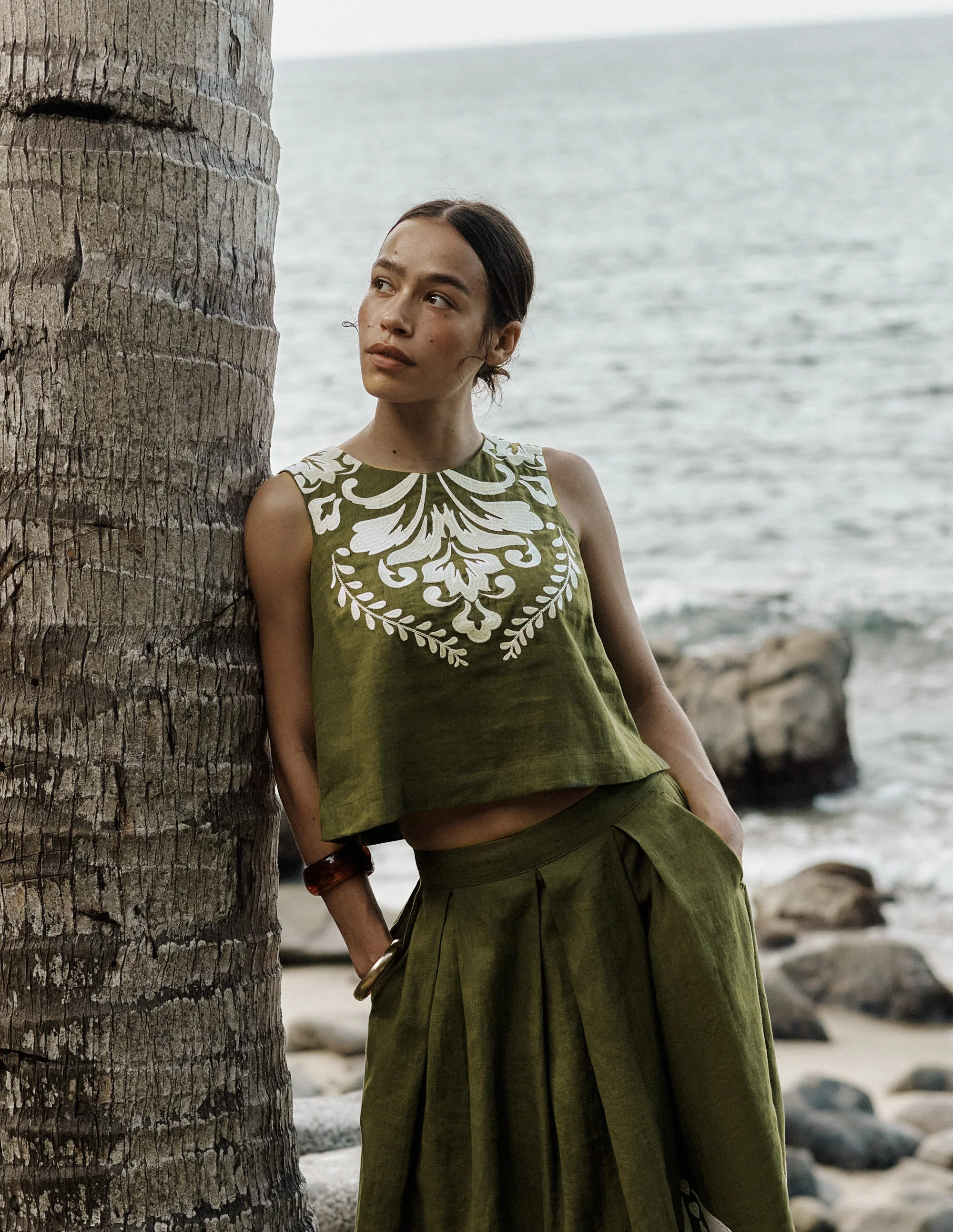 Sofia Embroidered Linen Top-Winter moss, Ivory EMB | Boden (US)