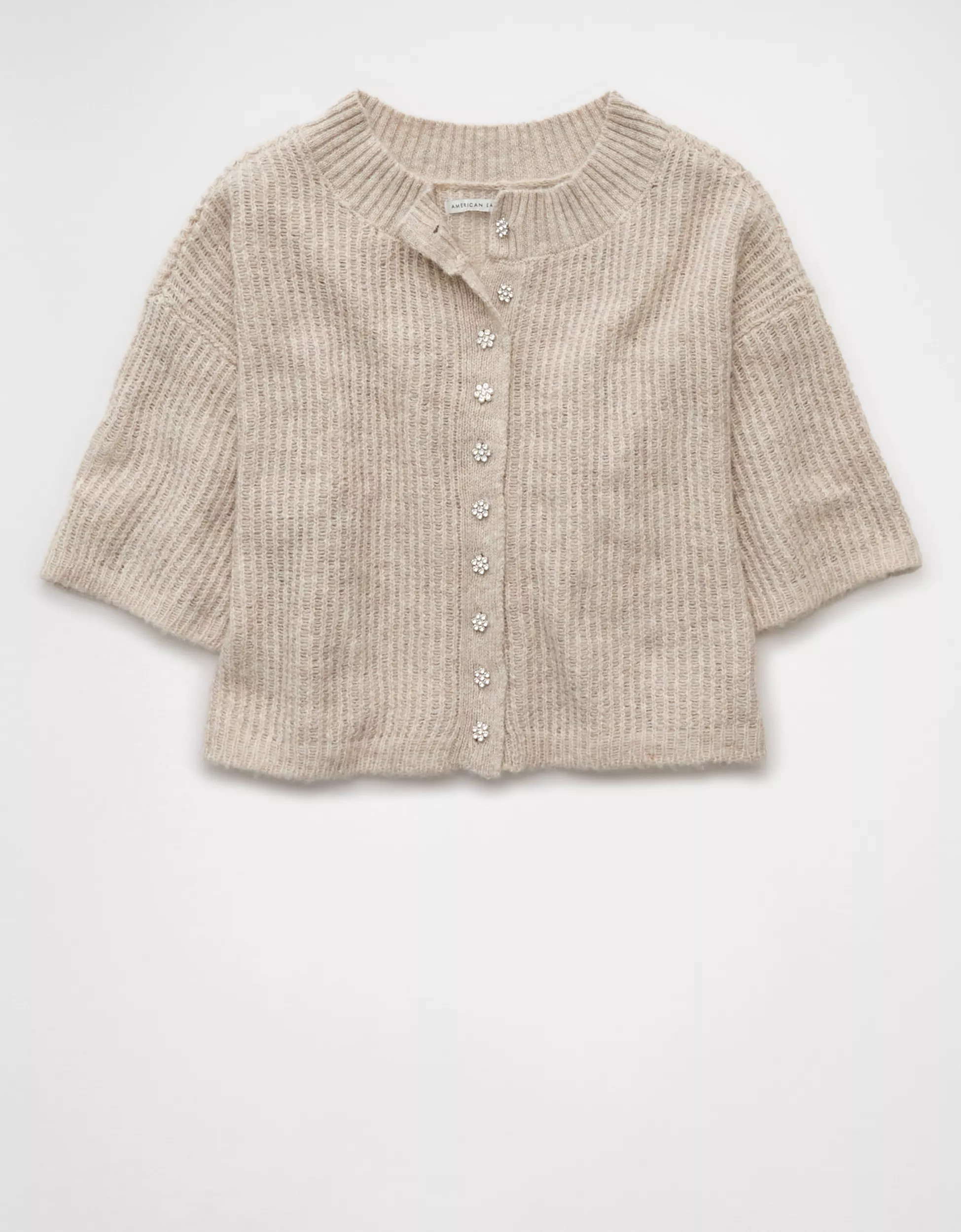 AE Short-Sleeve Crew Neck Cropped Cardigan | American Eagle Outfitters (US & CA)