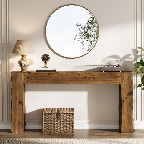 63-inch Solid Wood Console Table, Farmhouse Long Entryway Table - Brown | Bed Bath & Beyond