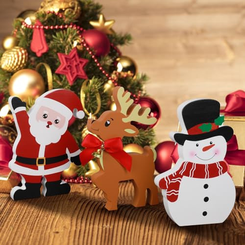 COCHIE Snowman Christmas Decorations Indoor, Cute Winter Tiered Tray Decor Set of 3, Wooden Snowman Blocks Xmas Table Decoration for Party Home Office Shelf Door (Santa Claus Reindeer) | Amazon (US)