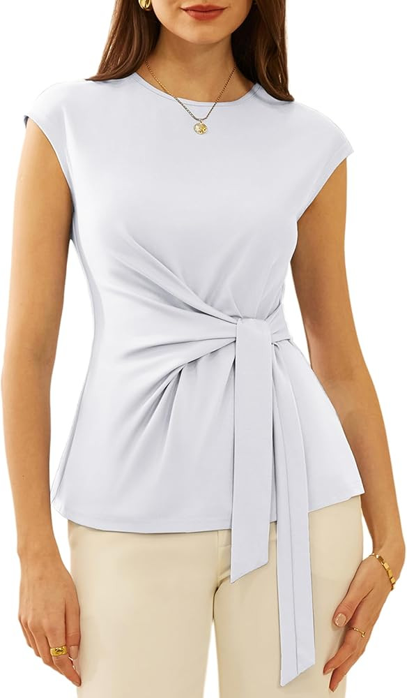 GRACE KARIN Womens Cap Sleeve Tops 2025 Summer Tie Waist Crew Neck Elegant Blouse Dressy Casual W... | Amazon (US)