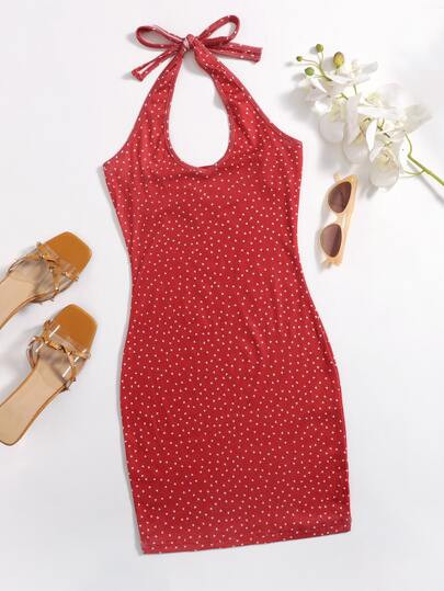 SHEIN Allover Heart Print Frill Trim Ruched Bust Dress | SHEIN