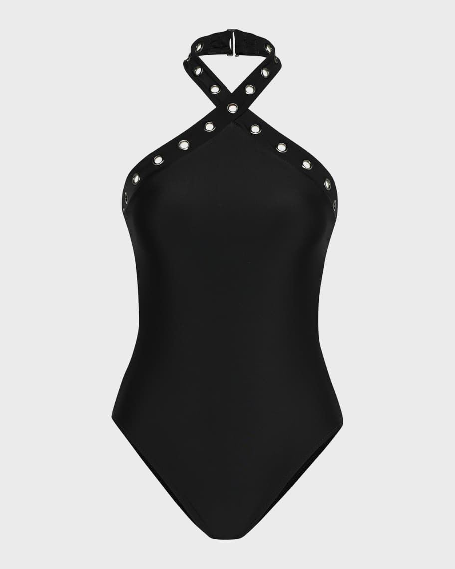 L'Agence Swim Gabrielle Grommet Halter One-Piece Swimsuit | Neiman Marcus