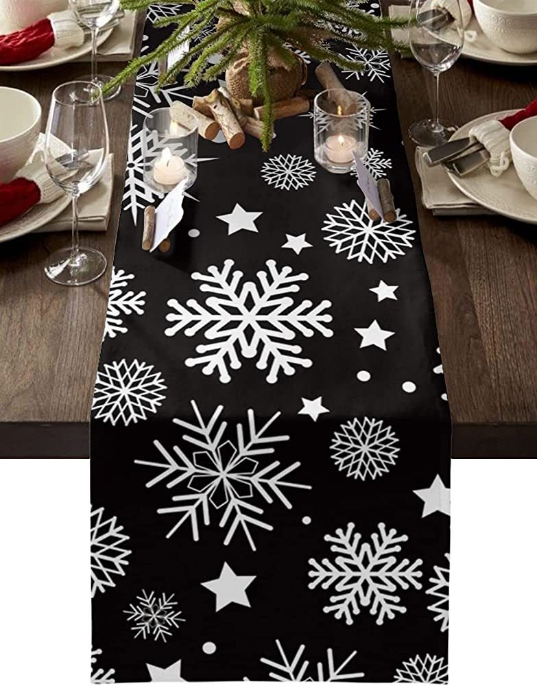 Table Runners 36 inches Long, Christmas White Snowflake Black Background Table Runner Farmhouse D... | Amazon (US)