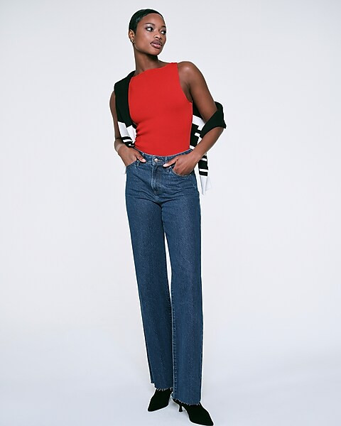 High Waisted Dark Wash 50/50 Rigid Stretch Wide Leg Jeans | Express