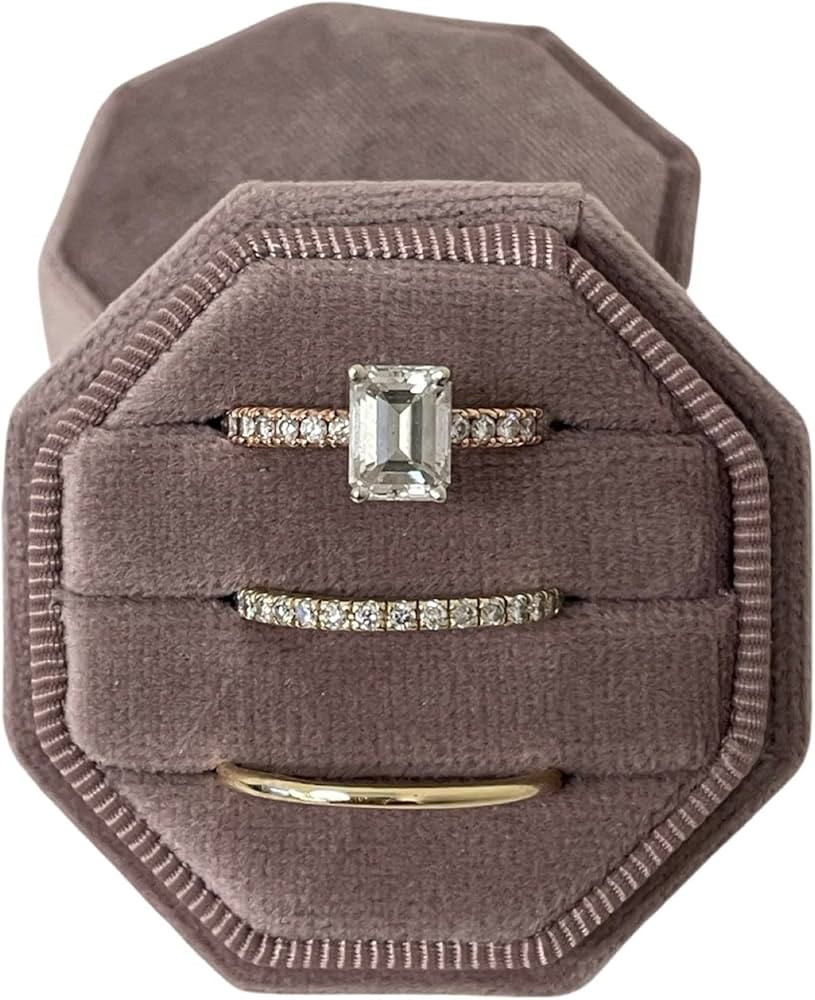 Engagement Ring Box Premium 3 Slot Octagon Wedding Ring Jewelry Box Vintage Velvet Ring Jewelry B... | Amazon (US)