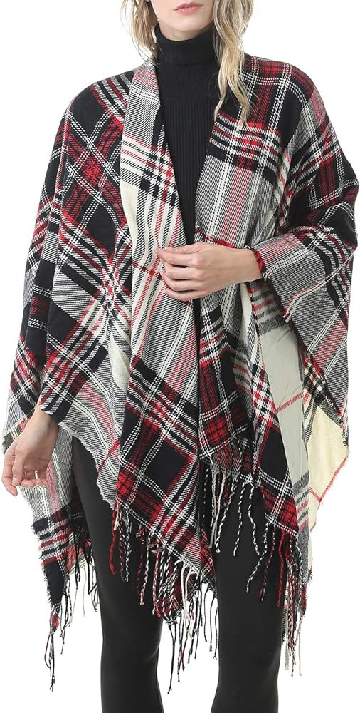 Zando Women's Warm Shawl Wrap Open Front Poncho Cape Color Block Shawls Winter Cardigan Wrap Prin... | Amazon (US)