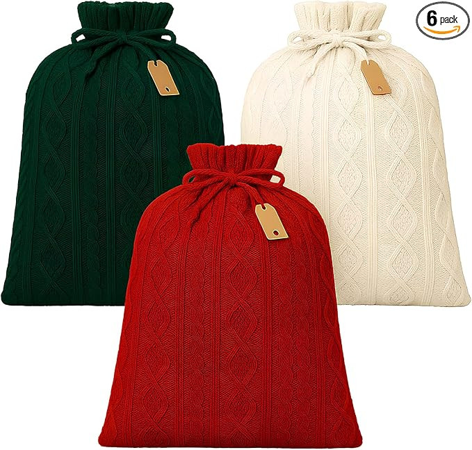 Sanwuta 3 Pcs Package 16 x 20 Inch Christmas Knitted Gift Bags with Drawstrings, Reusable Large C... | Amazon (US)