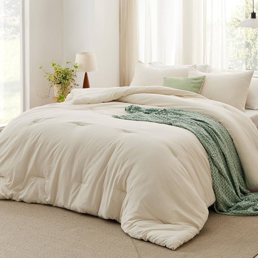 Bedsure Queen Size Comforter Set, Light Beige Soft Prewashed Bed Comforter for All Seasons, 3 Pie... | Amazon (US)