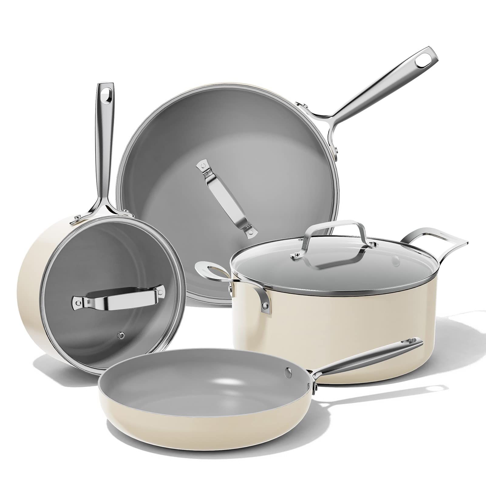 JEETEE Ceramic Cookware Set, White Pots and Pans Set Nonstick,7 PCS Kitchen Induction Sets, PTFE ... | Amazon (US)