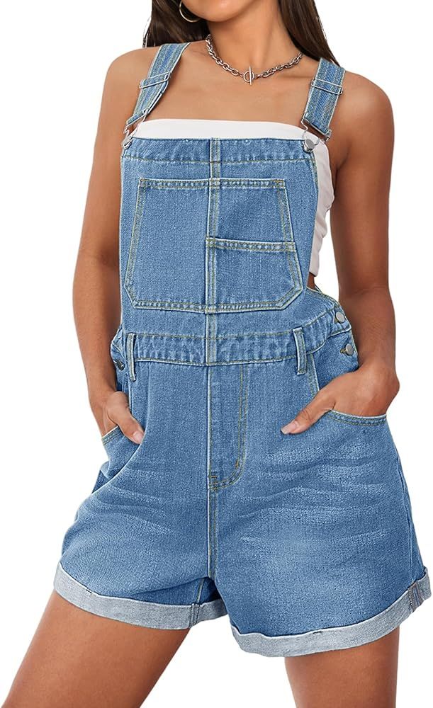 MEROKEETY Women's Denim Shortalls Adjustable Straps Bib Overalls Shorts Cuffed Jean Romper with P... | Amazon (US)