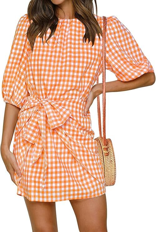 ZOWODO Womens Casual Summer Plaid Crewneck Lantern Sleeve Wrap Tie Waist Party Short Mini Dress | Amazon (US)