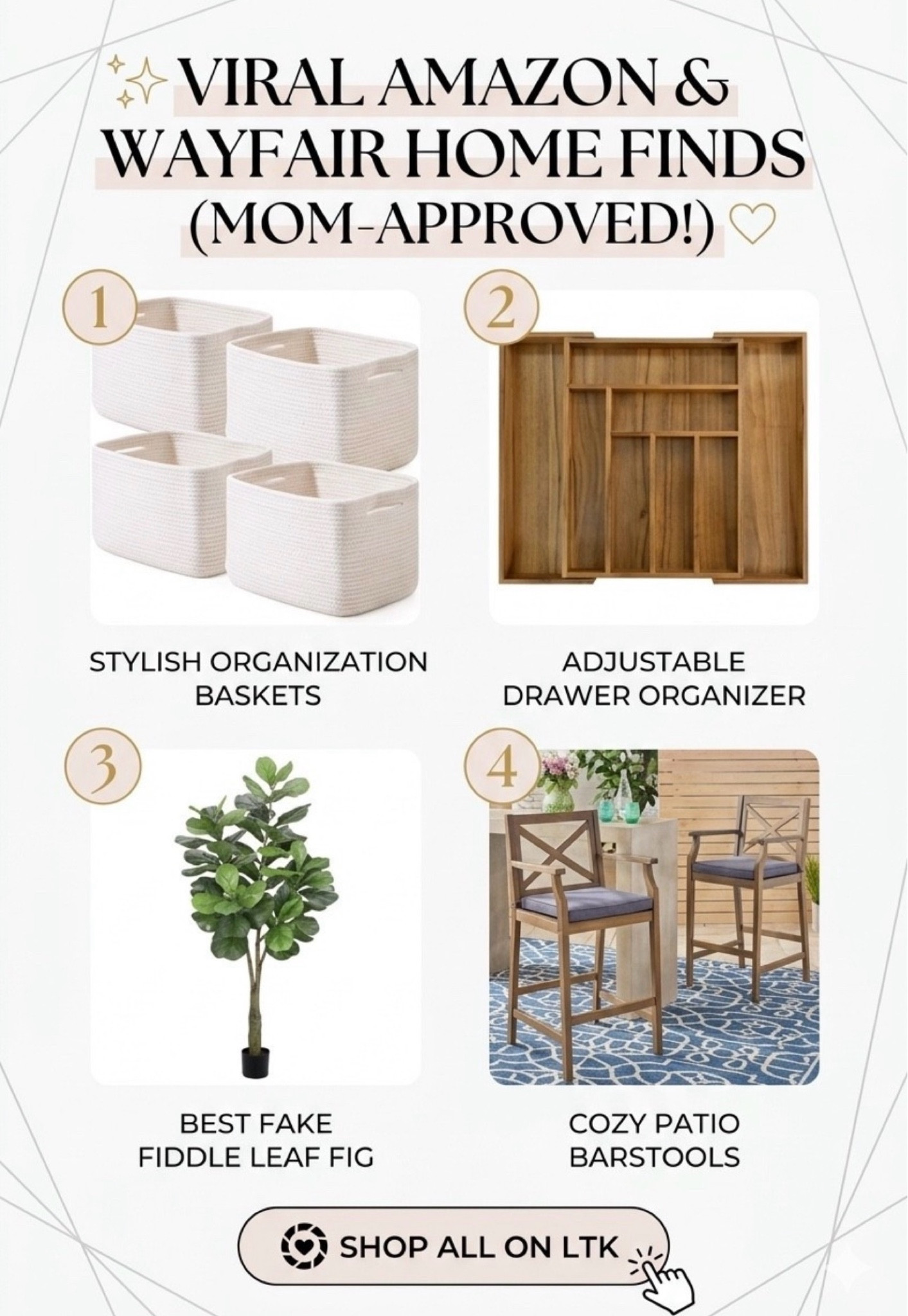 Sharing the top-selling home finds that actually make mom life easier and more stylish! ✨
I’ve rounded up my absolute favorite "tried and true" pieces that are currently trending in my home. From the best kitchen drawer organizer that expands to fit any space, to the woven storage baskets I use for toy rotation and laundry, these finds are the perfect blend of functional and chic.
If you’ve been looking for high-quality home decor on a budget, that faux fiddle leaf fig is a total game changer (no green thumb required!), and the Wayfair barstools are durable enough for the kids but look high-end for hosting.
Shop everything in this post by clicking the products below! 🛍️

#LTKhome #LTKorganized #LTKsalealert #amazonhome #wayfairfinds #homeorganization #momhacks #interiordesign #storageideas #kitchenhacks #affordabledecor

#LTKHome #LTKSaleAlert