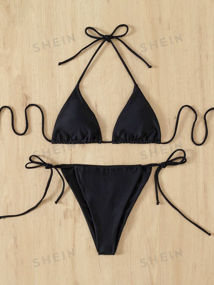 SHEIN Swim Basics Summer Beach Triangle Thong Bikini Set | SHEIN