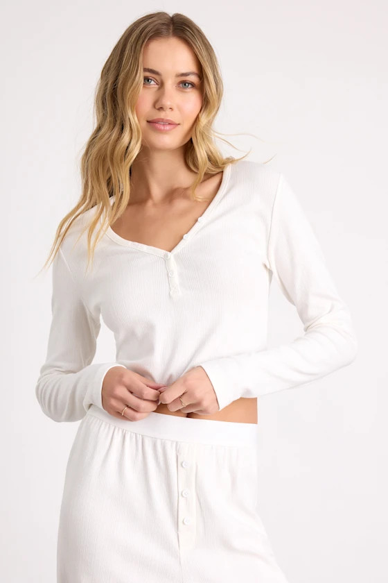 Missy Ivory Ribbed Knit Long Sleeve Two-Piece Pajama Set | Lulus