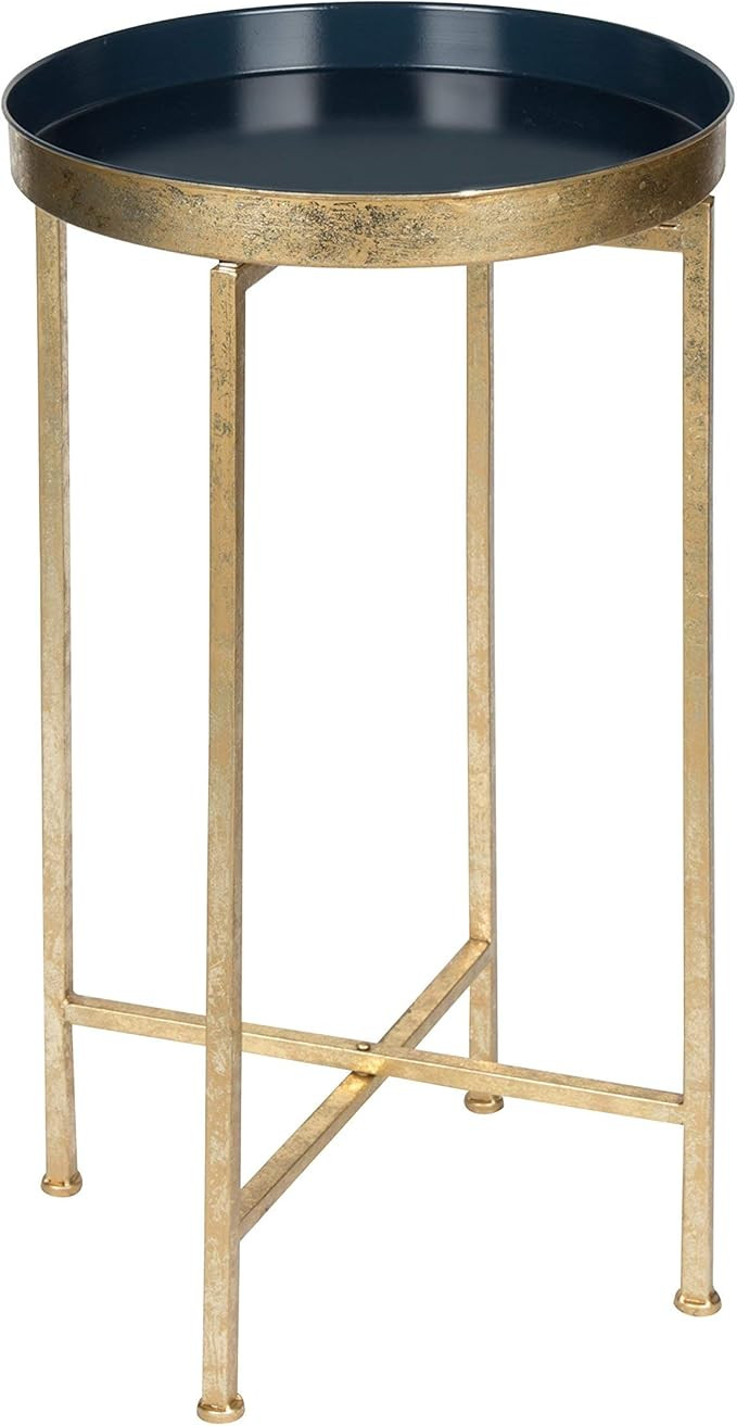 Kate and Laurel Celia Round Metal Foldable Tray Accent Table, Navy Blue with Gold Base | Amazon (US)