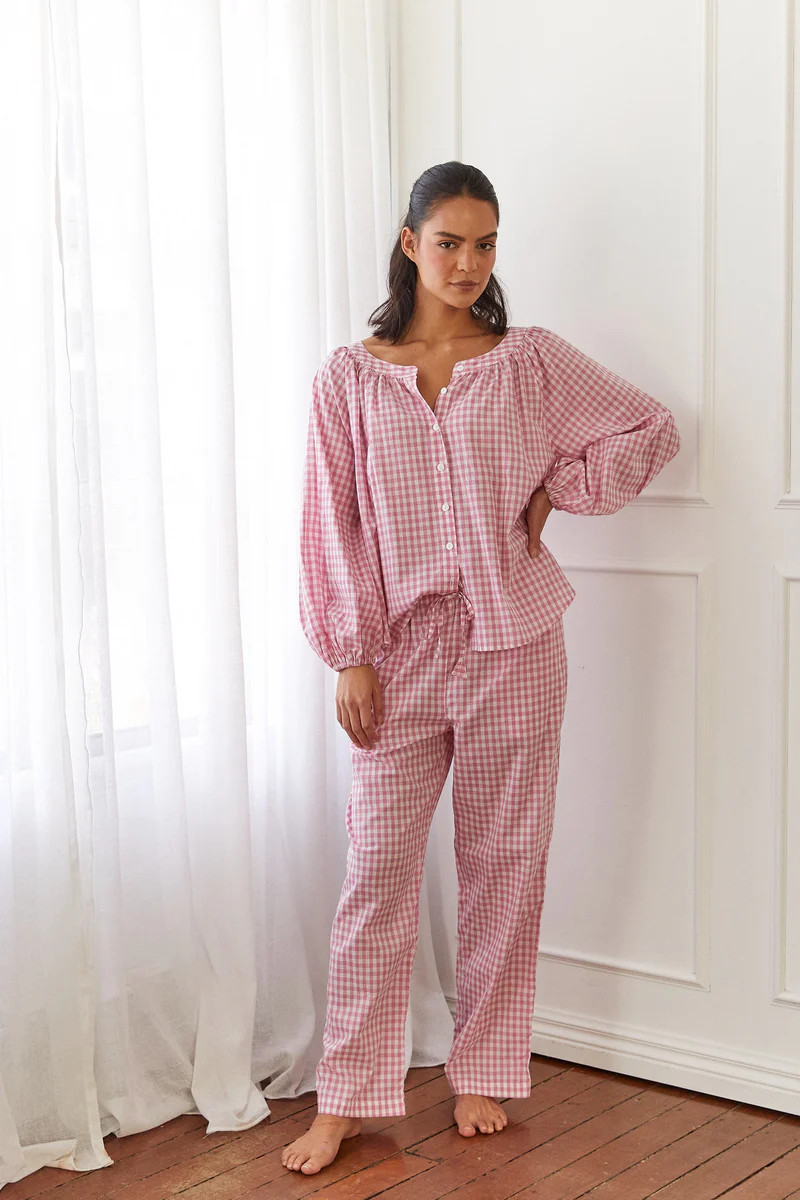 Claire Sleep Set - Long - Cotton - Gingham Berry | Piyama
