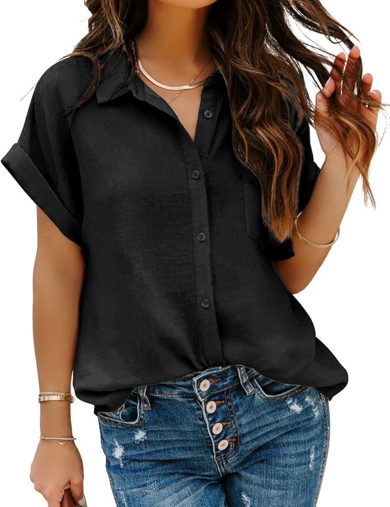 Pausus Women Chiffon Button Down Shirts with Pockets Short Sleeve Office Blouses V Neck Casual Busin | Amazon (US)
