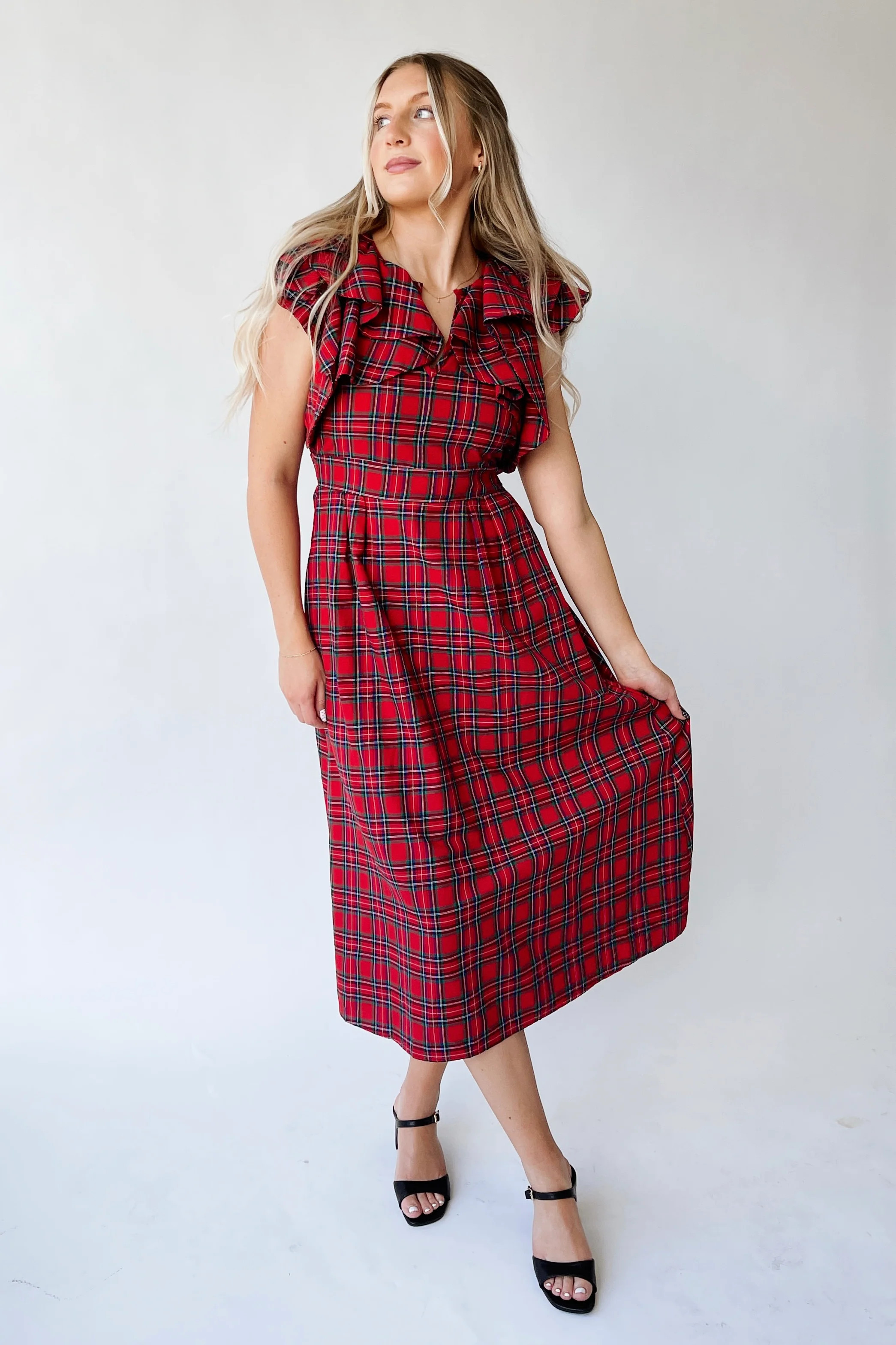 The Anya Plaid Tie Detail Midi Dress in Red Multi Medium | Piper & Scoot