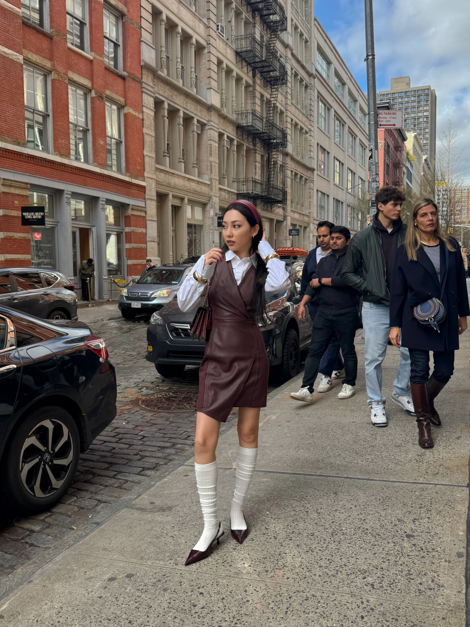 Dress : bcbgmaxazria -Layla Asymmetrical Pleather Dress Women's
Socks : Amazon 
Shoes : mango 
Headband : Amazon 