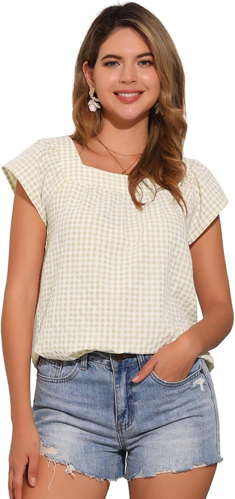 Allegra K Summer Square Neck Gingham Tops for Women's Cap Sleeve Tshirts Blouses | Amazon (US)