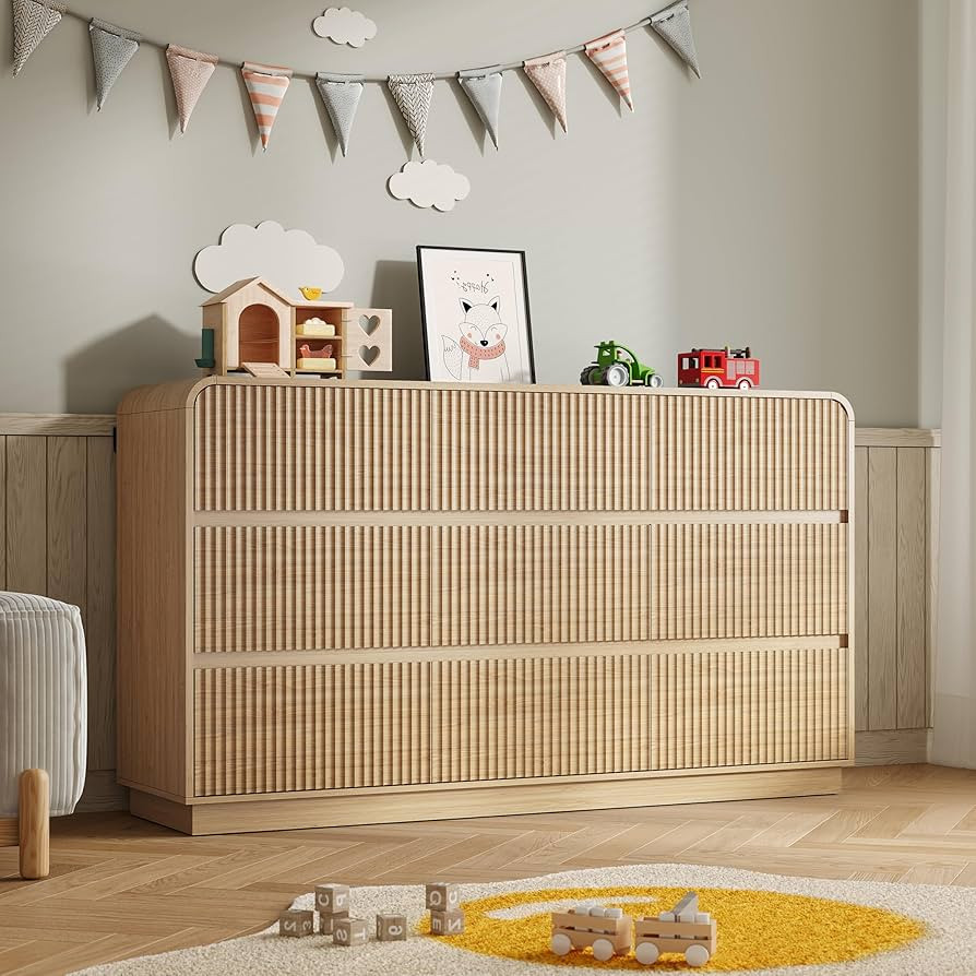 Dresser for Bedroom with 9 Drawers, Fluted Chest of Drawers with Round Curved Corner, Hidden Hand... | Amazon (US)